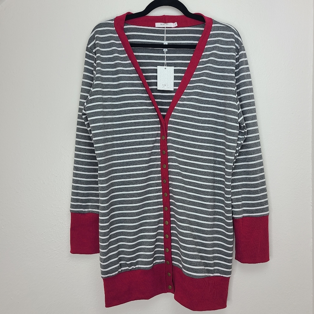 Haute Edition Cardigan Long Sleeve Striped Snap Button Dress Red White Size XL